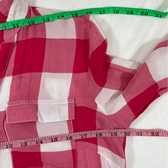Medium Red & White Plaid V Neck Soft Button-Up Blouse Adjustable Sleeves - Picture 4 of 13